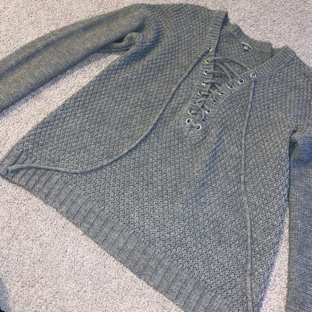 Gray Lace Up Sweater